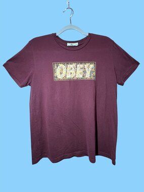 Obey Graphic T-Shirt Burgundy Large Short Sleeve Cotton Casual Unisex Made In Me